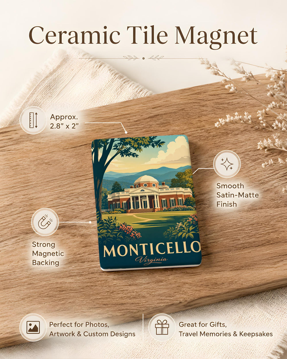 Monticello Fridge Magnet, Thomas Jefferson Home Souvenir, Charlottesville Virginia Landmark Magnet, Historic Estate Gift