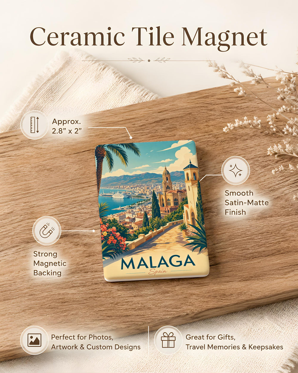Malaga Spain Fridge Magnet, Malaga Travel Souvenir Magnet, Spain City Landmark Refrigerator Magnet, Malaga Vacation Keepsake Gift