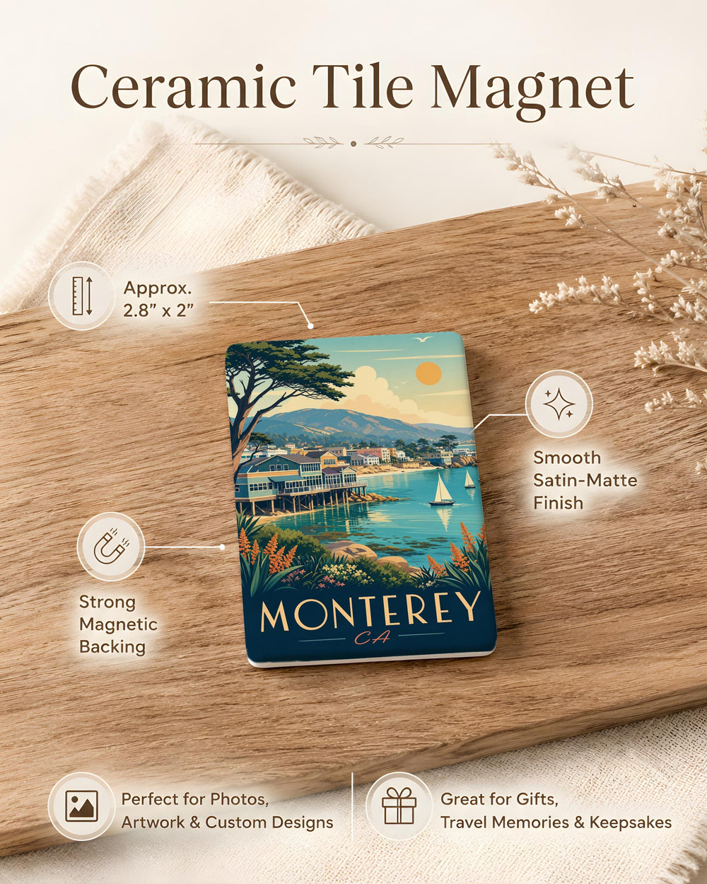 Monterey CA Fridge Magnet, Monterey California Souvenir Magnet, Coastal Vacation Travel Gift, Monterey Bay Keepsake Magnet