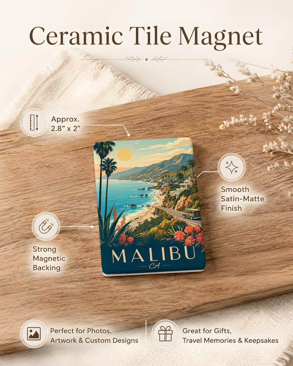 Malibu CA Fridge Magnet, Malibu California Souvenir Magnet, Malibu Beach Coastal Town Travel Keepsake Magnet