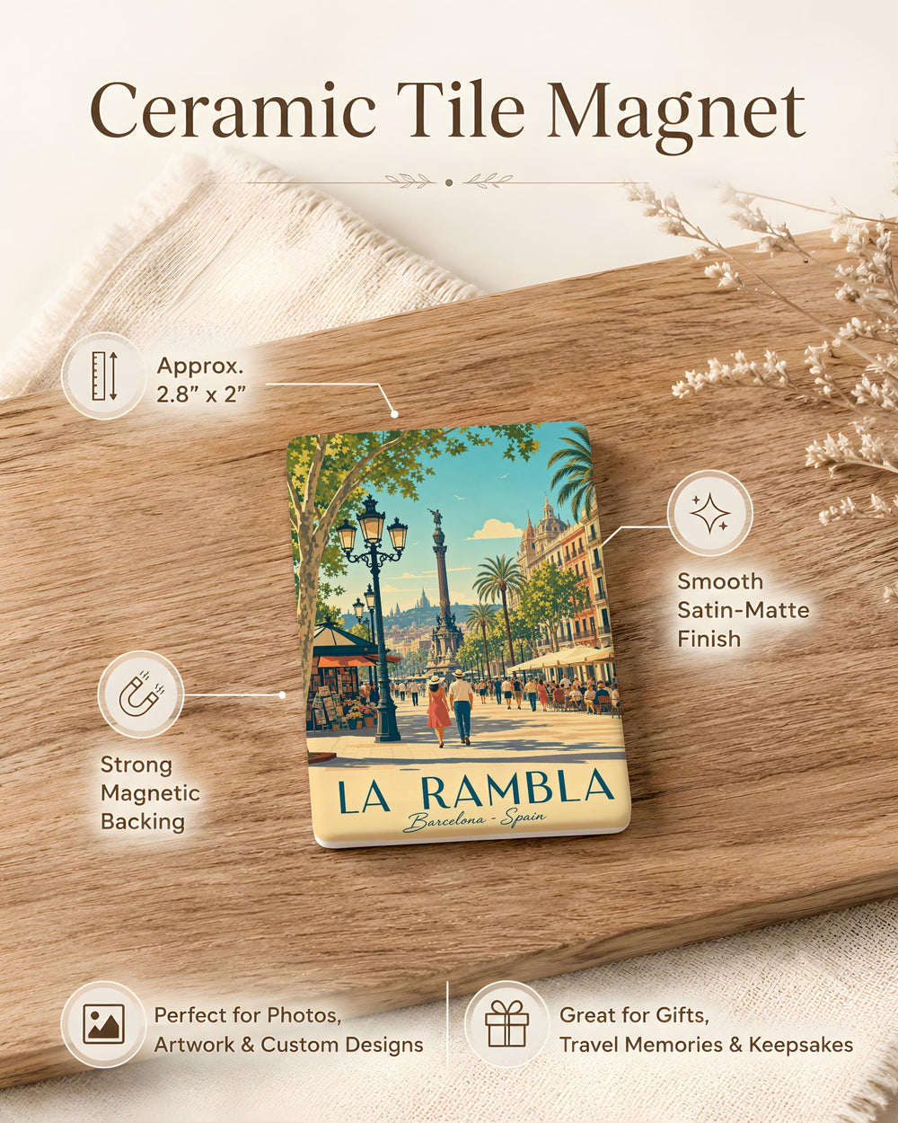 La Rambla Barcelona Fridge Magnet, Las Ramblas Street Landmark Souvenir Magnet, Spain Travel Gift Refrigerator Magnet
