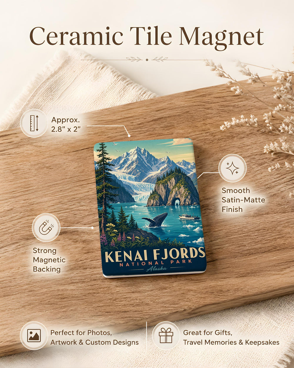 Kenai Fjords National Park Fridge Magnet, Alaska Glacier and Coastal Mountains Souvenir Magnet, Seward Alaska Travel Gift