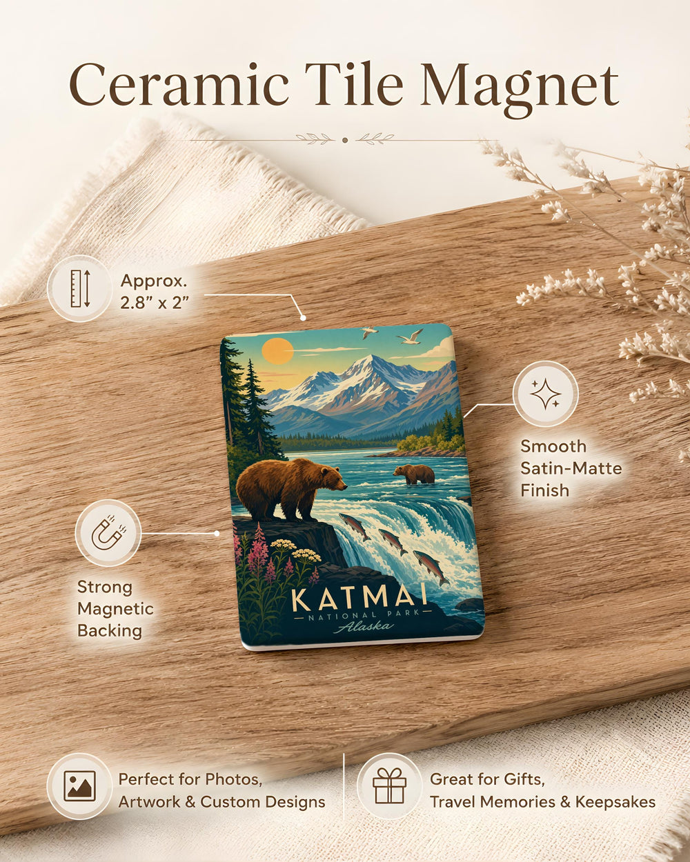 Katmai National Park Fridge Magnet, Alaska Wilderness Souvenir, Bear Viewing Destination Travel Keepsake Magnet
