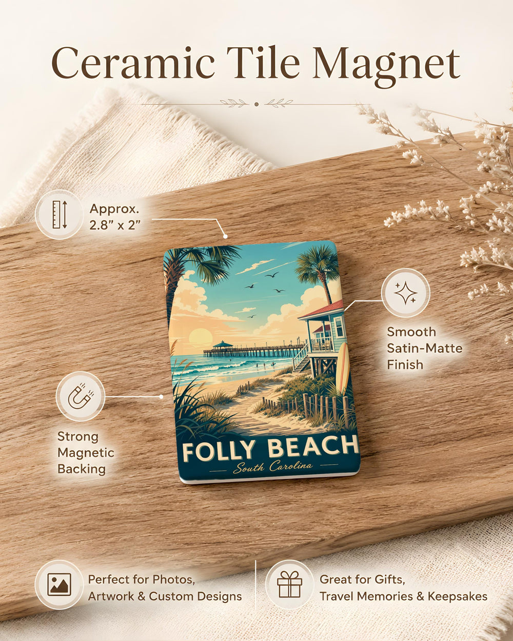 Folly Beach Fridge Magnet, South Carolina Coastal Beach Souvenir, Folly Beach Island Travel Gift, Oceanfront Vacation Keepsake