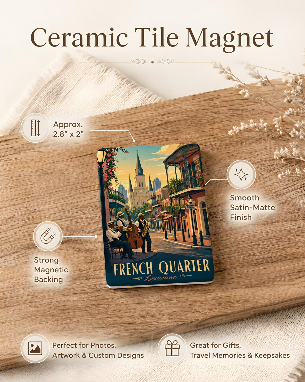 French Quarter Fridge Magnet, New Orleans Louisiana Souvenir, Bourbon Street Landmark Travel Gift, NOLA Street Scene Magnet