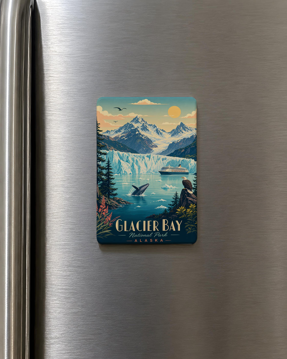 Glacier Bay National Park Fridge Magnet, Alaska Glacier and Mountain Scenic Souvenir Magnet, Travel Keepsake Gift