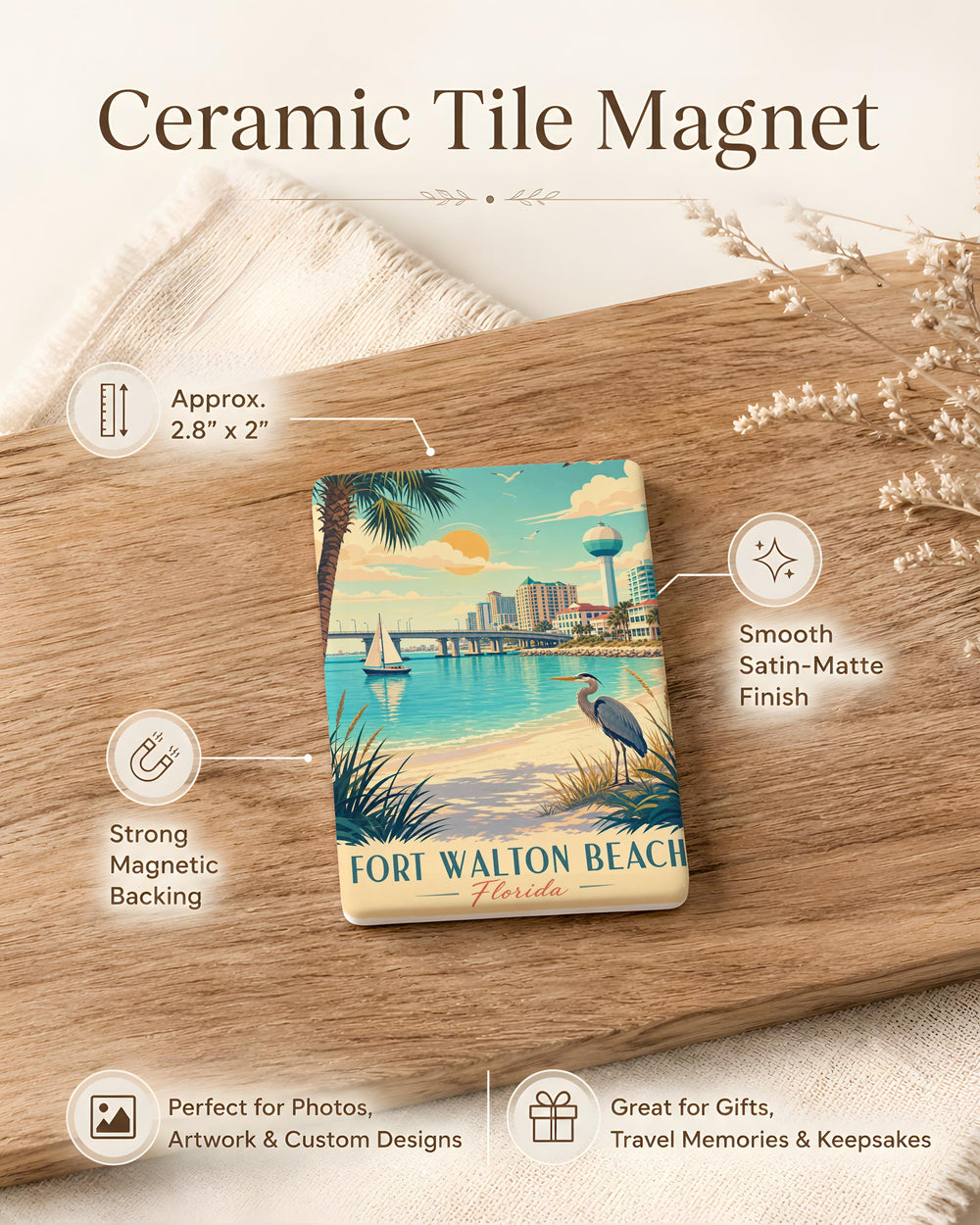 Fort Walton Beach FL Fridge Magnet, Florida Beach Souvenir Magnet, Coastal Vacation Travel Gift Magnet