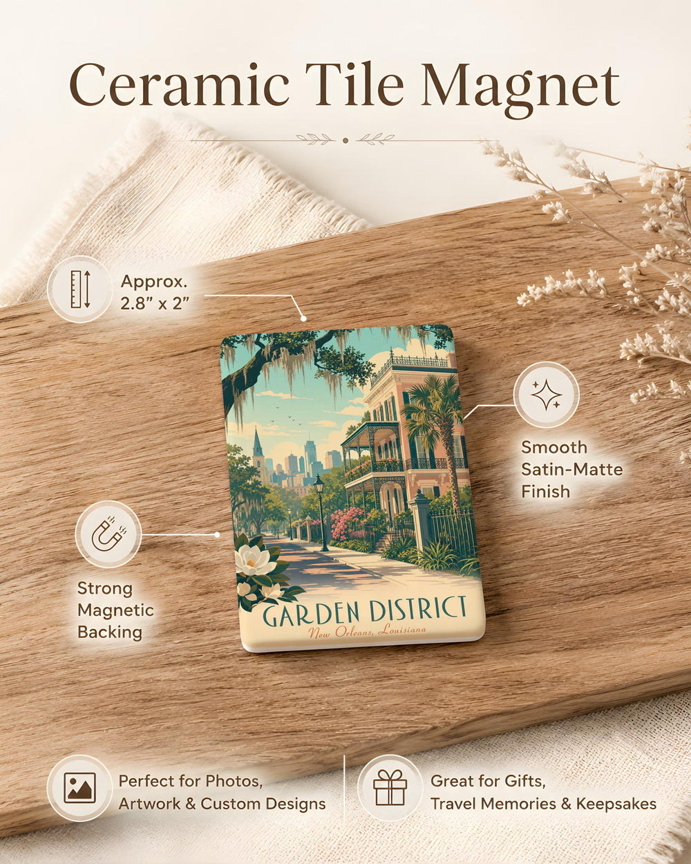 Garden District Fridge Magnet, New Orleans Neighborhood Souvenir, Historic Homes & Oak-Lined Streets Keepsake Magnet