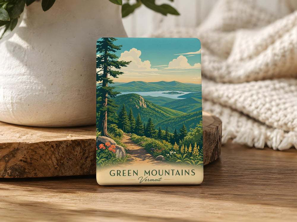 Green Mountains Fridge Magnet, Vermont Mountain Landscape Souvenir Magnet, Green Mountain State Travel Keepsake Magnet