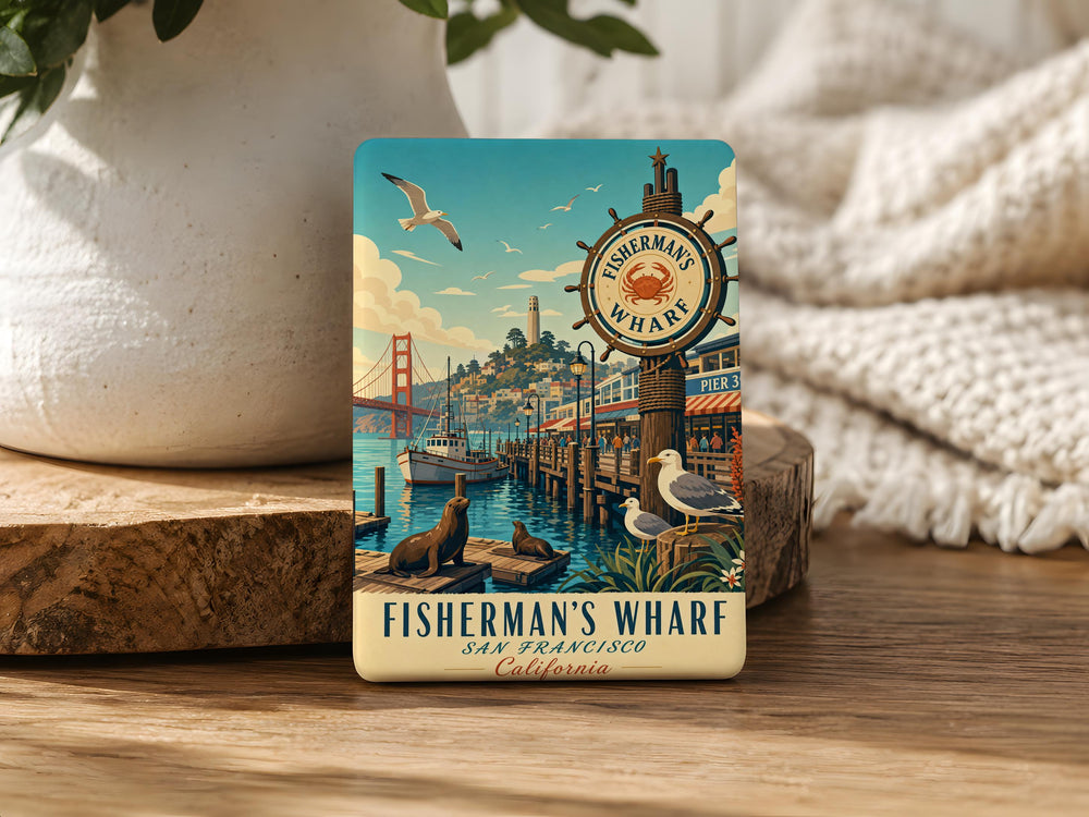 Fisherman’s Wharf Fridge Magnet, San Francisco Waterfront Souvenir, Pier 39 Harbor Scene, California Travel Keepsake Magnet
