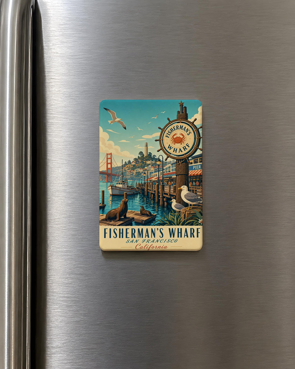 Fisherman’s Wharf Fridge Magnet, San Francisco Waterfront Souvenir, Pier 39 Harbor Scene, California Travel Keepsake Magnet