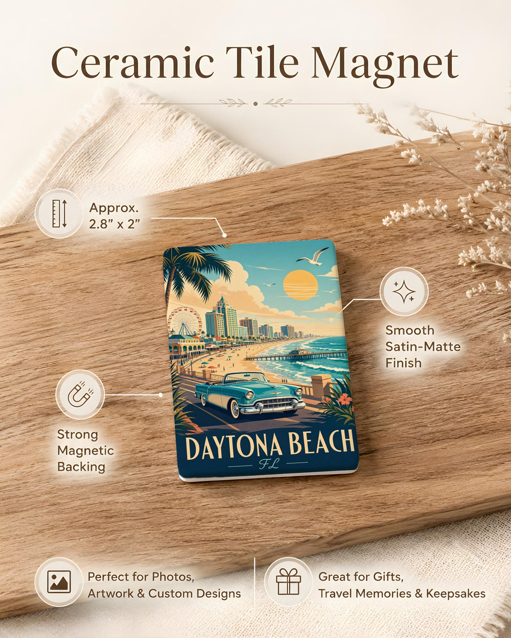 Daytona Beach FL Fridge Magnet, Florida Beach Souvenir Magnet, Daytona Beach Vacation Travel Gift, Coastal Decor Magnet