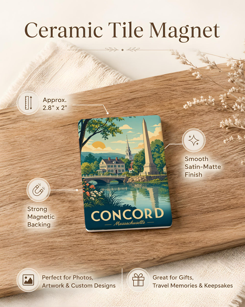 Concord MA Fridge Magnet, Concord Massachusetts Souvenir Magnet, Historic Concord Landmark Travel Keepsake Magnet
