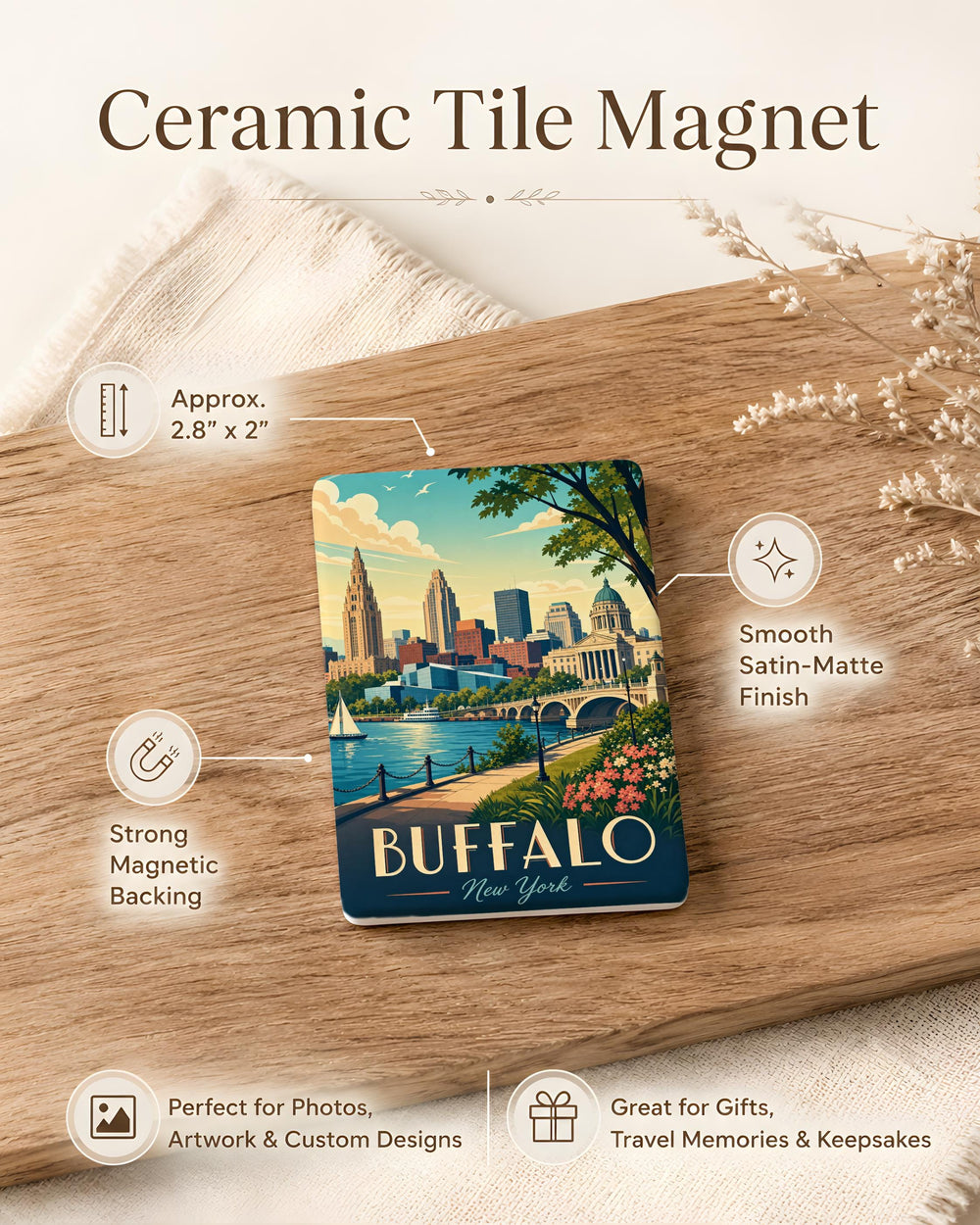 Buffalo NY Fridge Magnet, Buffalo New York Souvenir Magnet, Buffalo Skyline Landmark Travel Gift, Upstate NY Keepsake Magnet