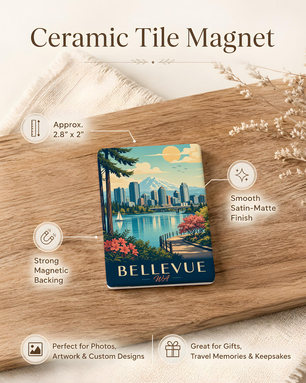Bellevue WA Fridge Magnet, Bellevue Washington Souvenir Magnet, Bellevue Skyline Landmark Travel Gift Magnet