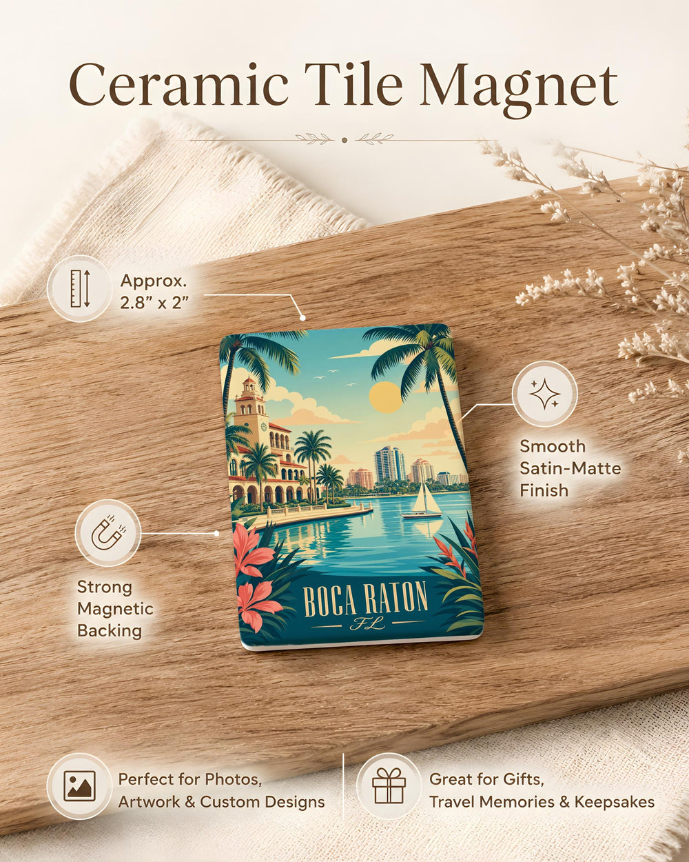 Boca Raton FL Fridge Magnet, Boca Raton Florida Souvenir Magnet, Beach Town Travel Keepsake Refrigerator Magnet