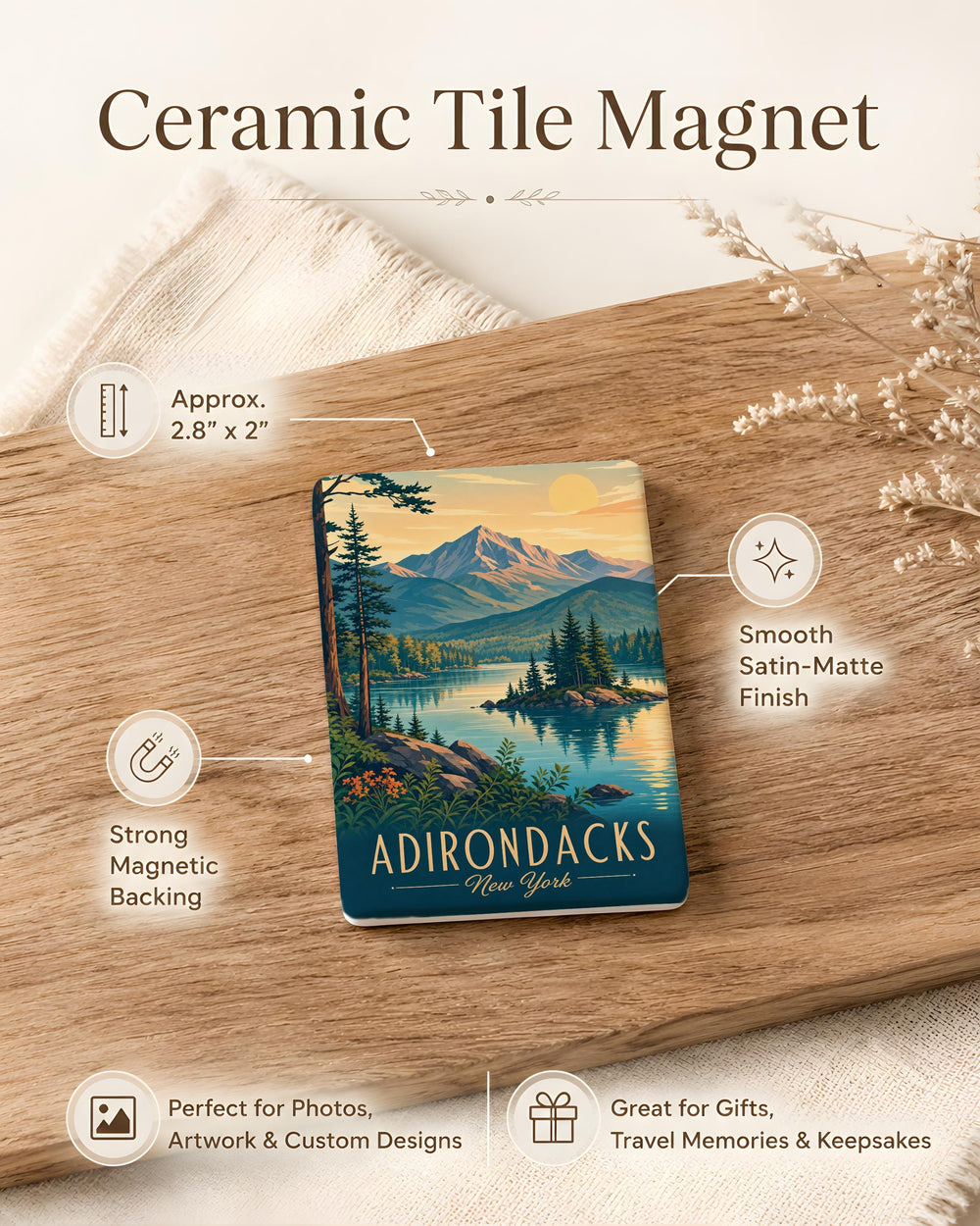 Adirondacks Fridge Magnet, Adirondack Mountains Souvenir Magnet, Upstate New York Travel Gift, Lake and Pine Forest Magnet