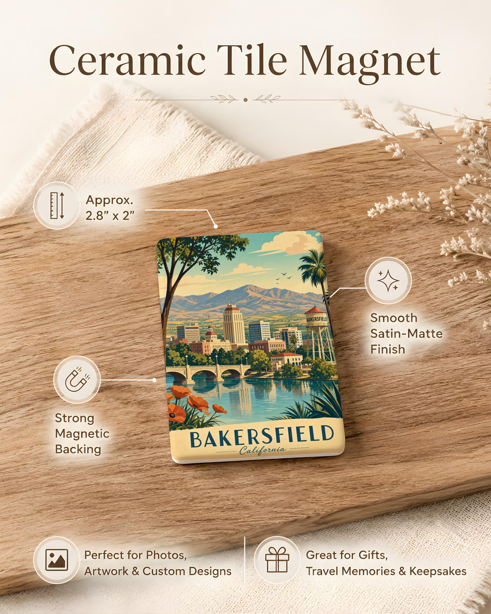 Bakersfield CA Fridge Magnet, Bakersfield California Souvenir Magnet, Kern County Travel Gift, City Landmark Keepsake Magnet