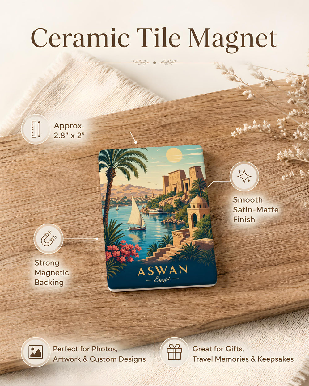 Aswan Egypt Fridge Magnet, Nile River Souvenir, Philae Temple Landmark, Egyptian Travel Gift, Aswan City Keepsake Magnet
