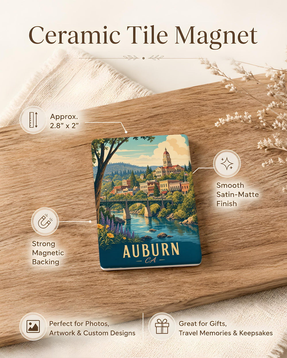 Auburn California Fridge Magnet, Auburn CA Souvenir Magnet, Sierra Foothills Travel Gift, Historic Gold Country Keepsake