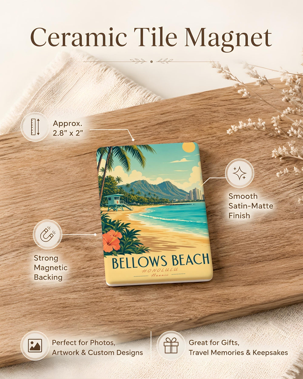 Bellows Beach Fridge Magnet, Hawaii Beach Souvenir Magnet, Coastal Ocean Shoreline Travel Keepsake Magnet