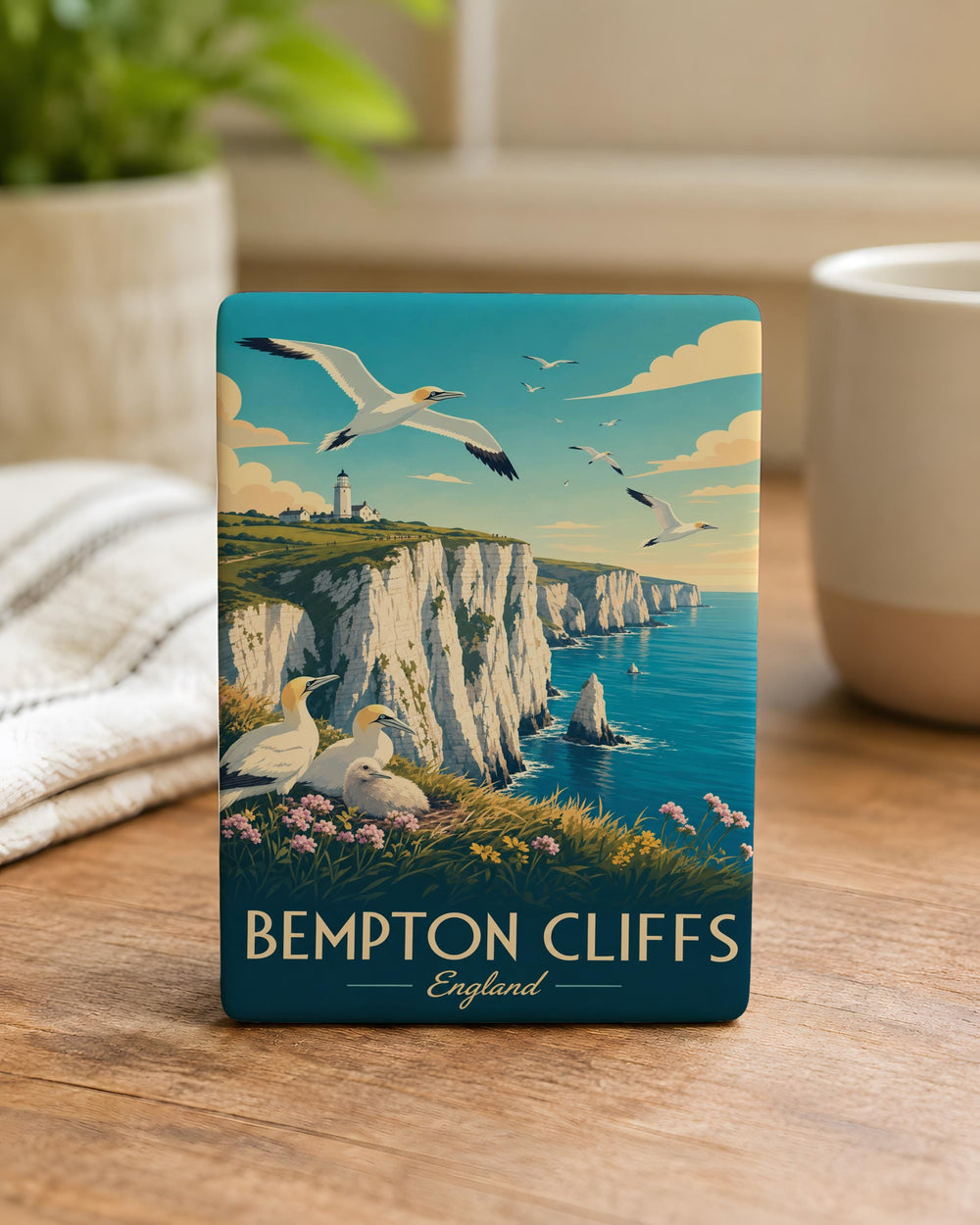 Bempton Cliffs Fridge Magnet, Yorkshire Coastal Cliffs, Seabirds and Puffins, UK Seaside Souvenir Magnet