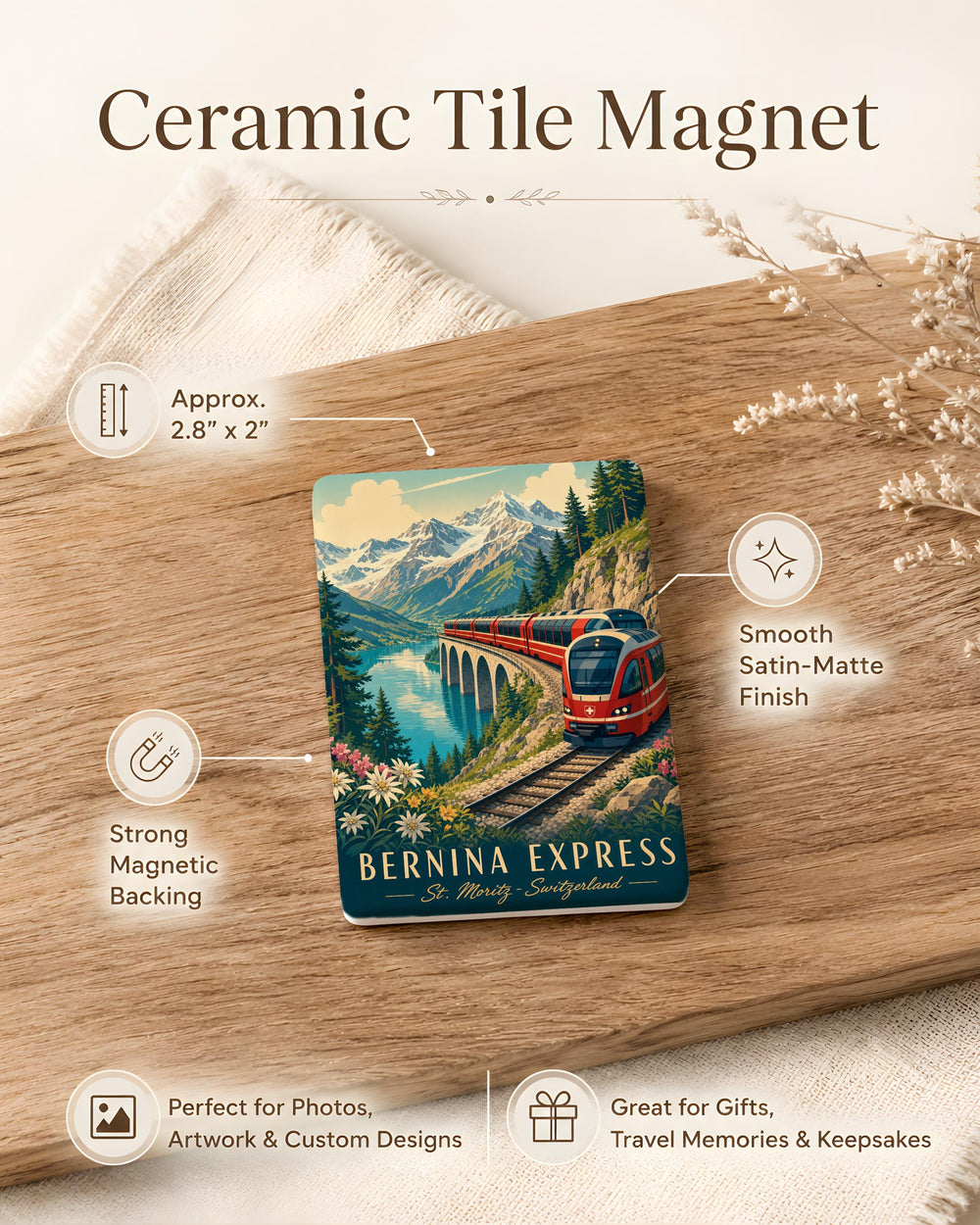 Bernina Express Train Fridge Magnet, Swiss Alps Scenic Railway Souvenir Magnet, Switzerland Travel Gift Magnet
