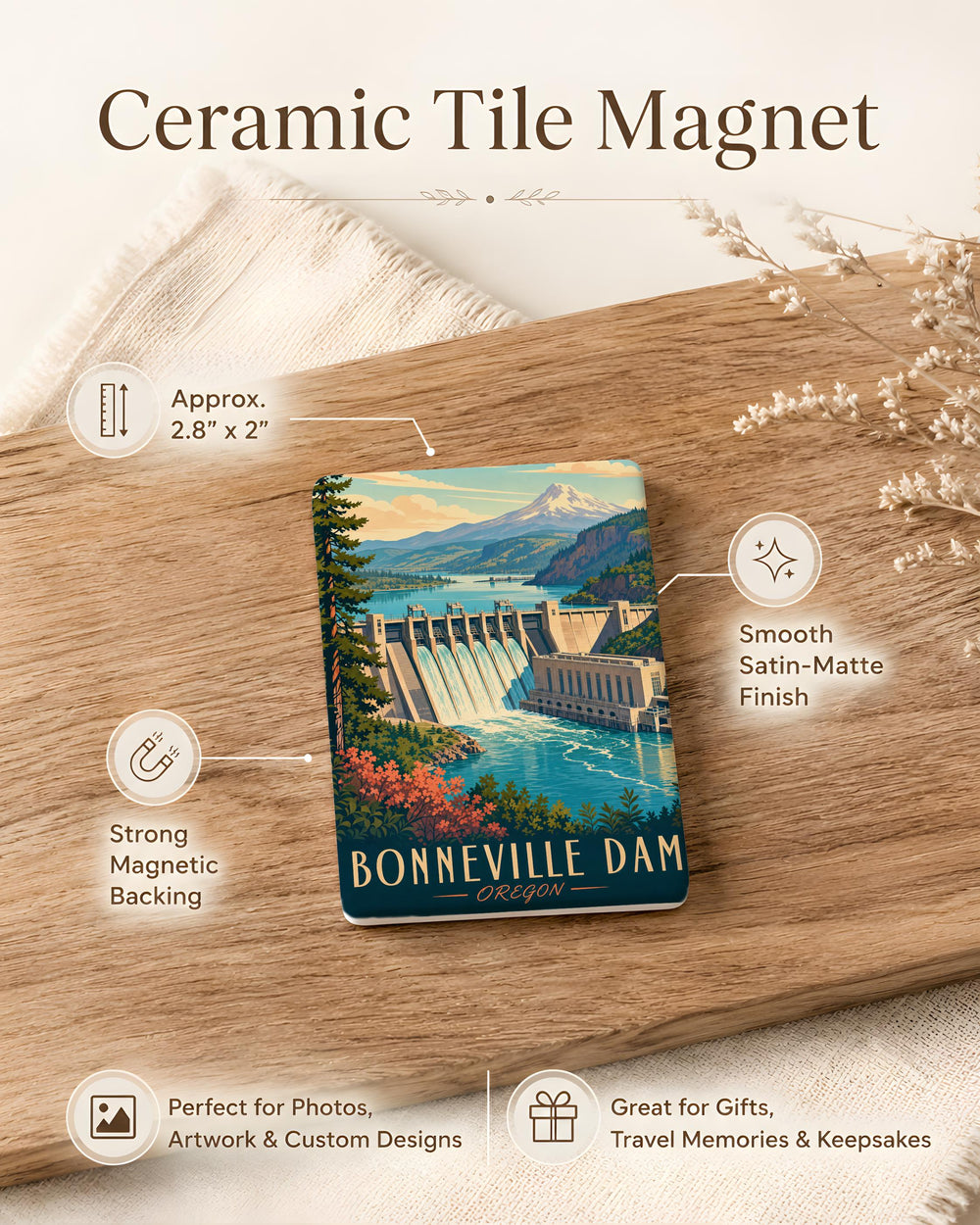 Bonneville Dam Fridge Magnet, Columbia River Hydroelectric Dam Souvenir, Pacific Northwest Landmark Magnet