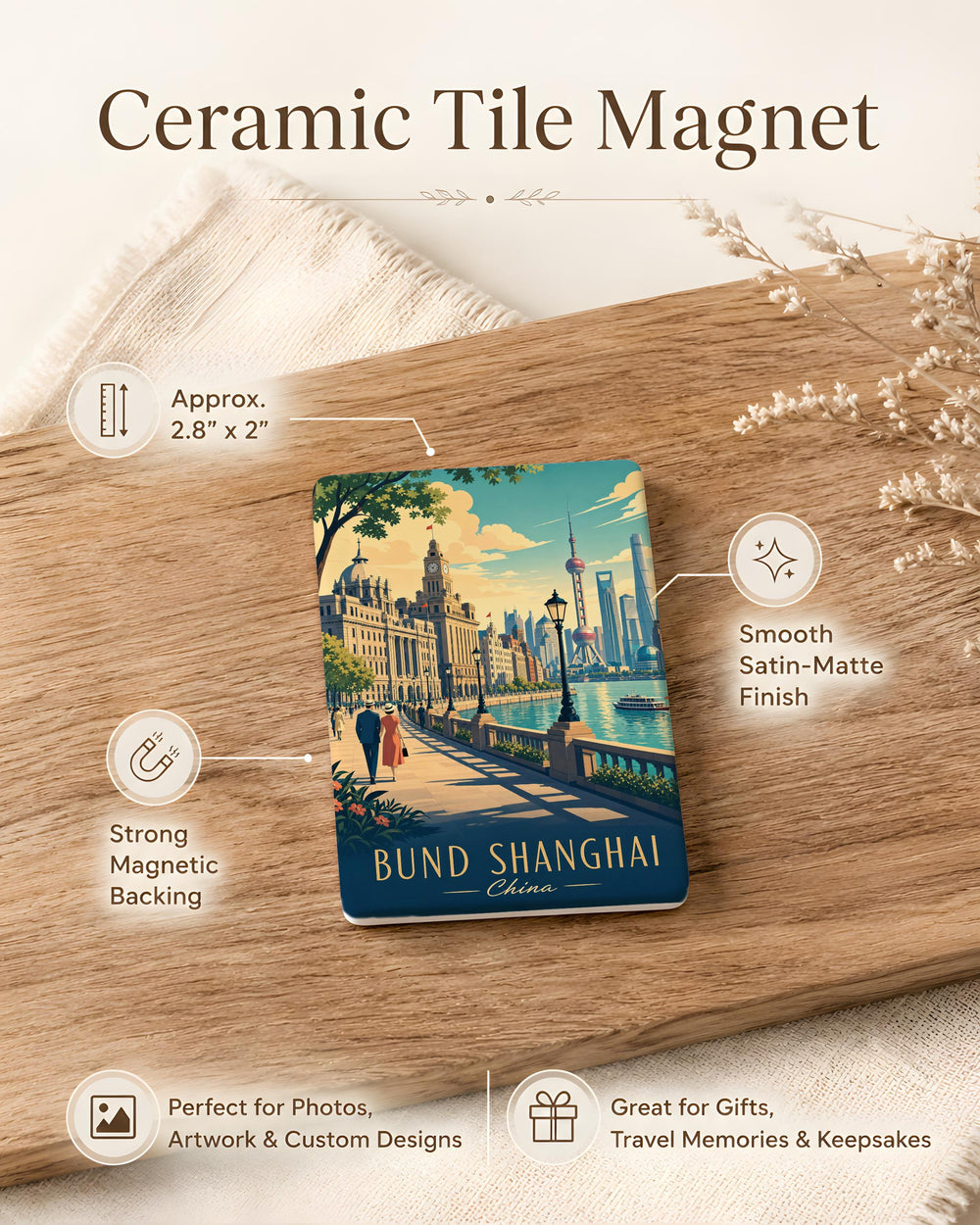 Shanghai The Bund Fridge Magnet, Huangpu River Waterfront Skyline Souvenir Magnet, Shanghai China Travel Gift Magnet
