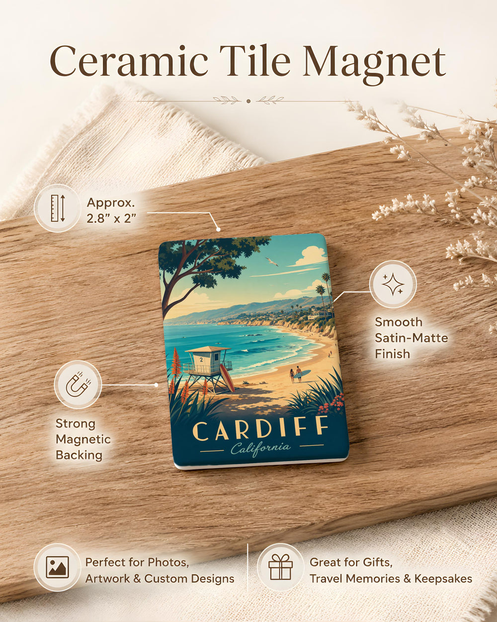 Cardiff State Beach Fridge Magnet, Cardiff-by-the-Sea California Coastal Beach Souvenir Magnet, San Diego Surf Beach Magnet