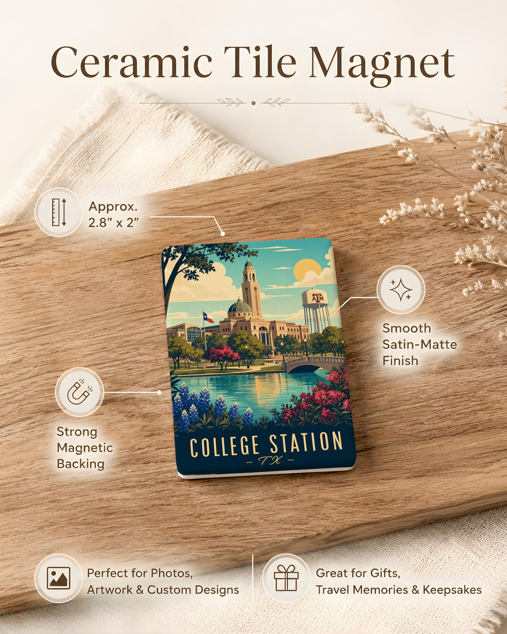 College Station TX Fridge Magnet, College Station Texas Souvenir Magnet, Aggieland Travel Keepsake, City Landmark Gift