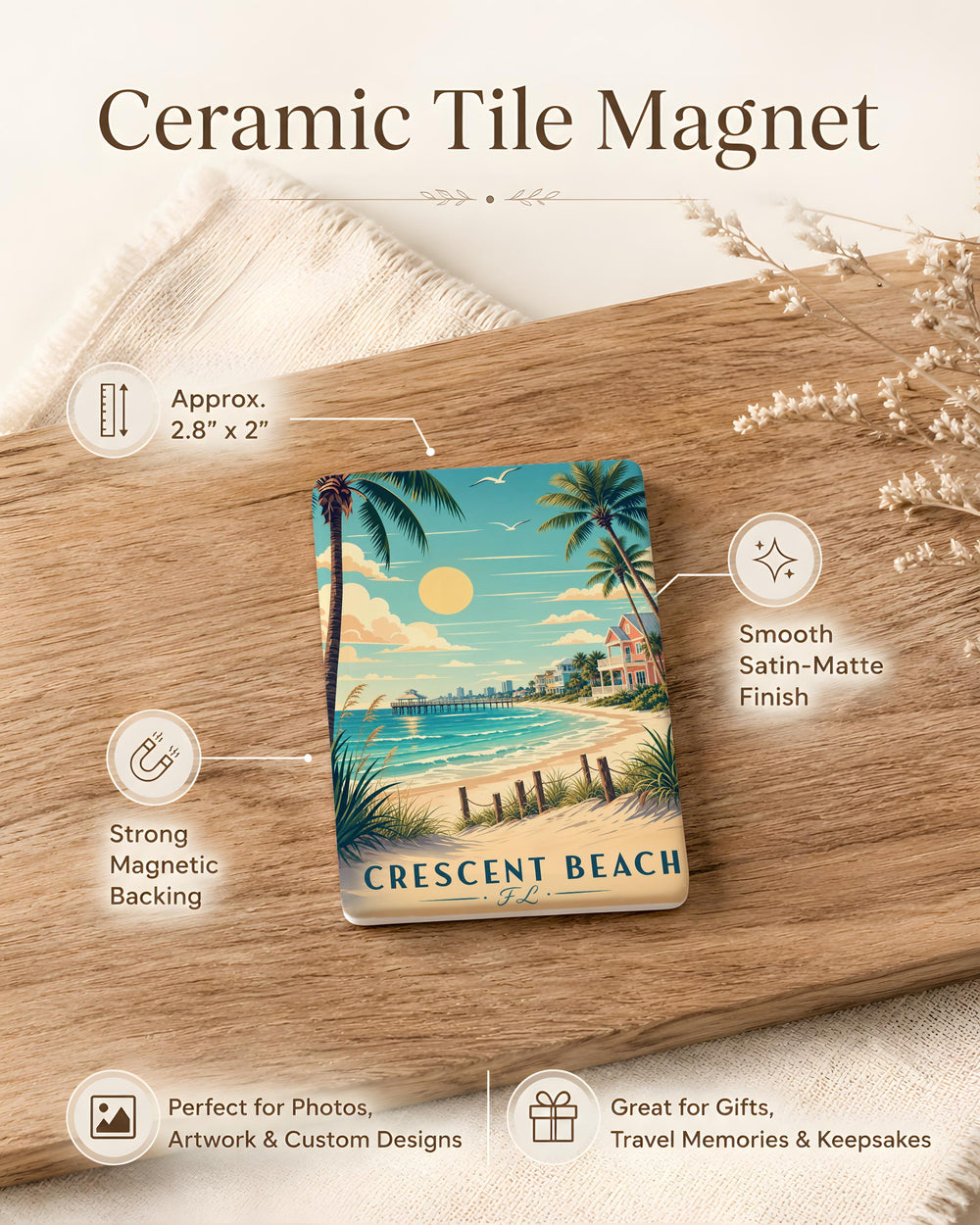 Crescent Beach FL Fridge Magnet, Florida Beach Souvenir Magnet, Coastal Vacation Travel Keepsake Gift