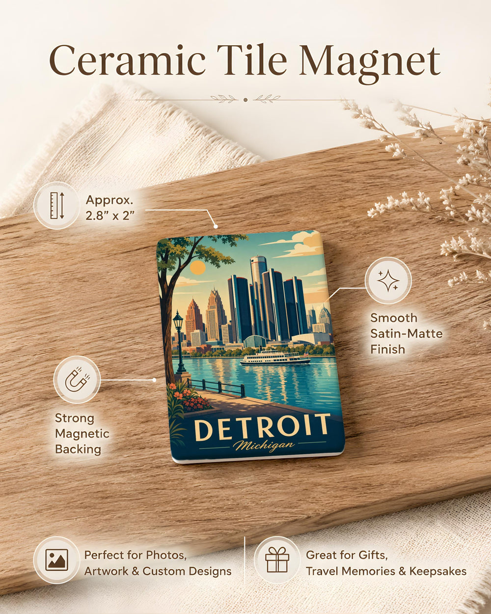 Detroit Michigan Fridge Magnet, Motor City Souvenir Magnet, Detroit Skyline Landmark Magnet, Michigan Travel Gift Magnet