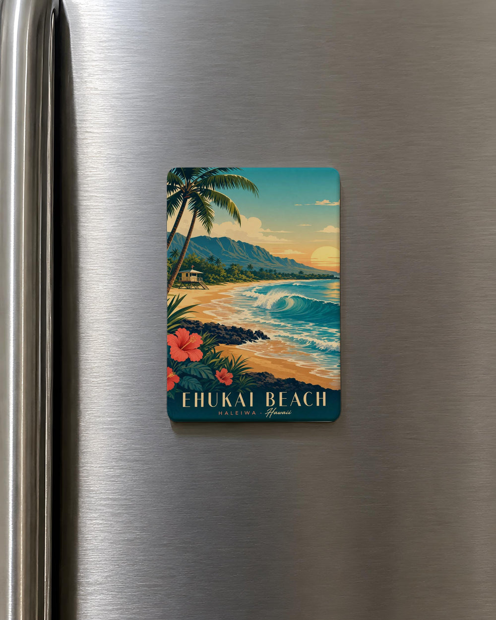 Ehukai Beach Fridge Magnet, North Shore Oahu Hawaii Coastal Surf Beach Scene Souvenir Magnet