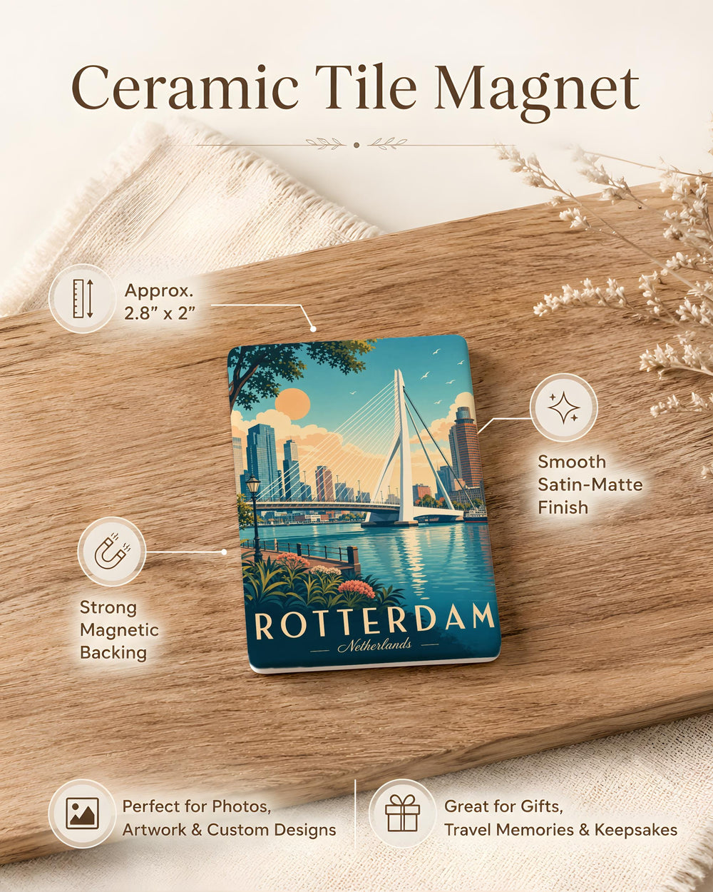 Erasmus Bridge Fridge Magnet, Rotterdam Netherlands Landmark Souvenir, Iconic River Bridge Travel Keepsake Gift