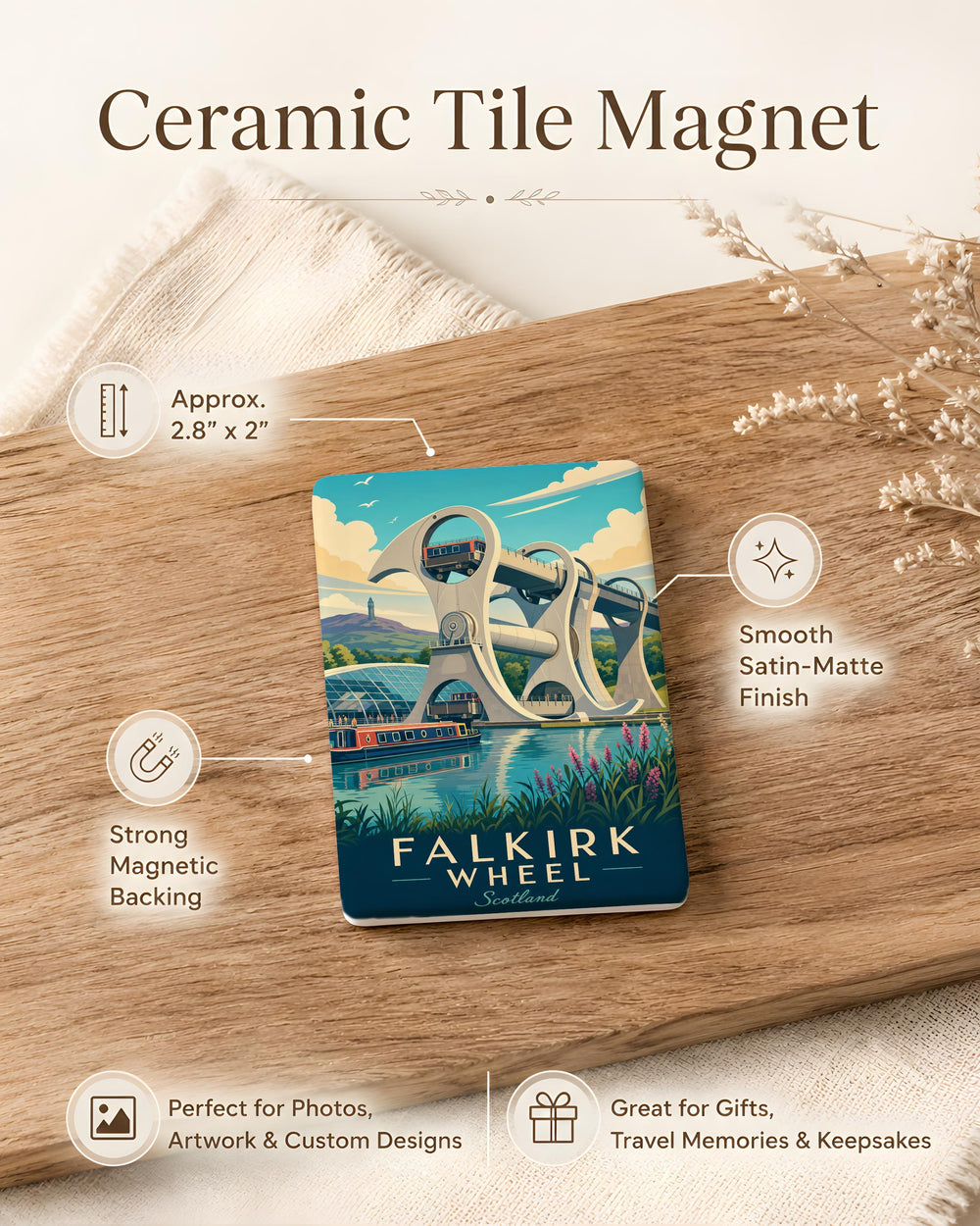 Falkirk Wheel Fridge Magnet, Scotland Landmark Souvenir, Rotating Boat Lift Canal Attraction Travel Keepsake Gift