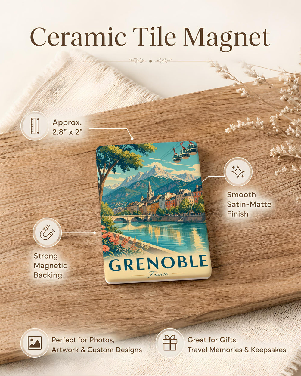 Grenoble France Fridge Magnet, Grenoble Souvenir Magnet, French Alps City Travel Gift, Grenoble Landmark Keepsake Magnet