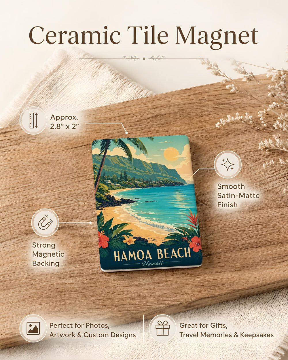 Hamoa Beach Fridge Magnet, Maui Hawaii Beach Scene Souvenir Magnet, Tropical Ocean Shore Travel Gift