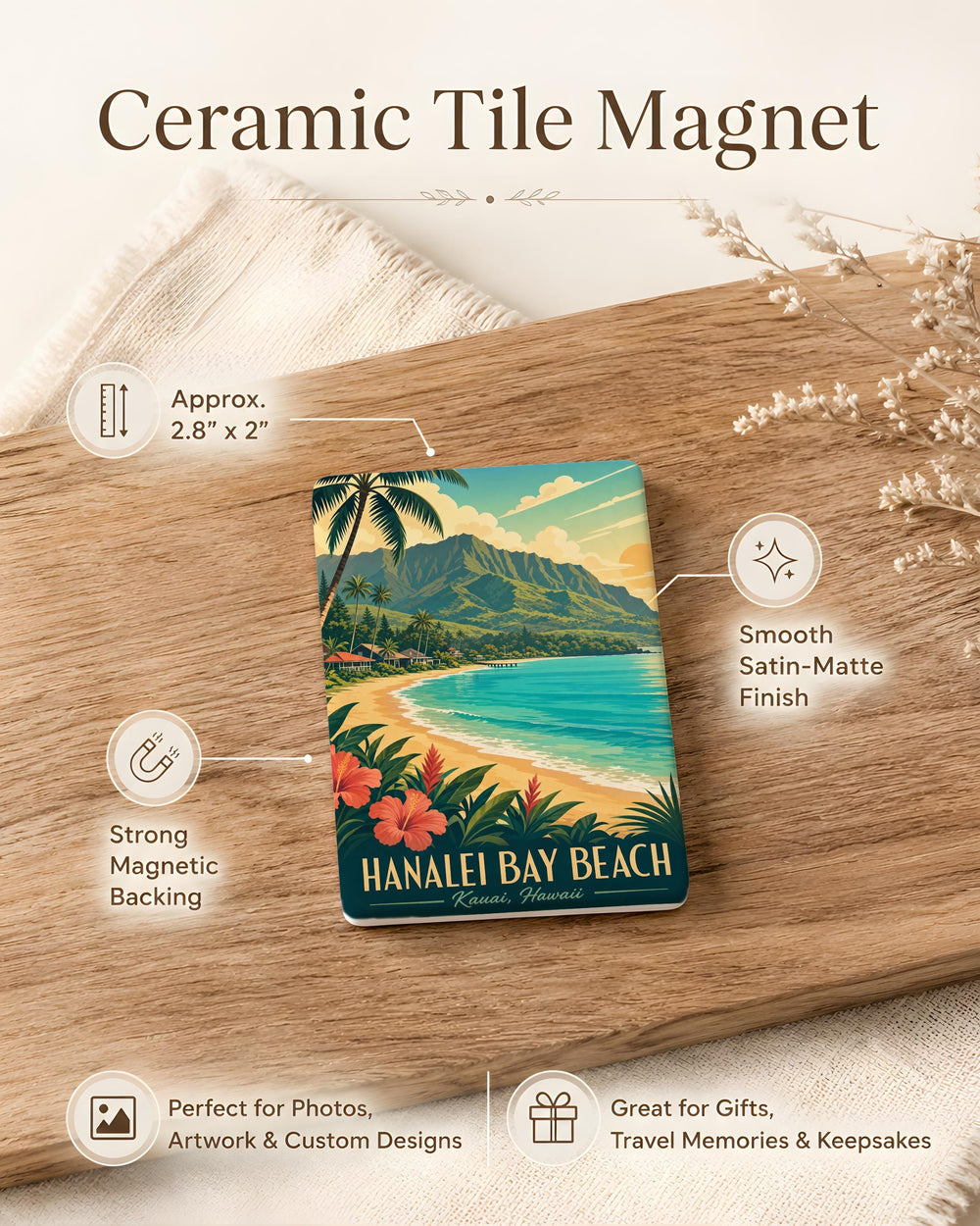 Hanalei Bay Beach Fridge Magnet, Kauai Hawaii Coastal Ocean Shoreline Souvenir Magnet, Tropical Island Beach Gift