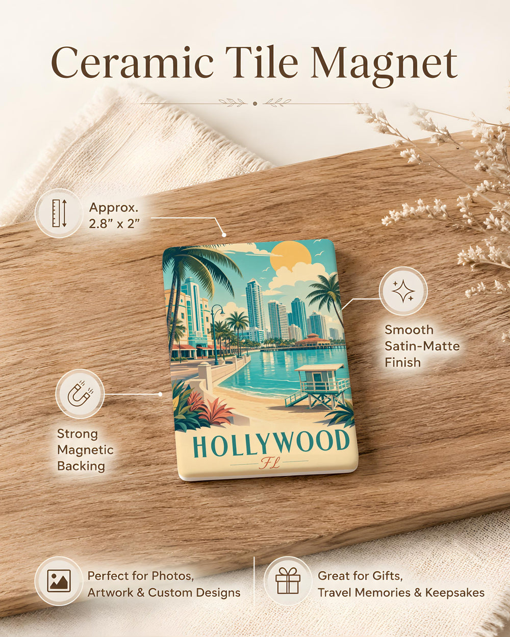 Hollywood Florida Fridge Magnet, Hollywood FL Souvenir Magnet, Beach City Travel Keepsake, Vacation Gift Magnet