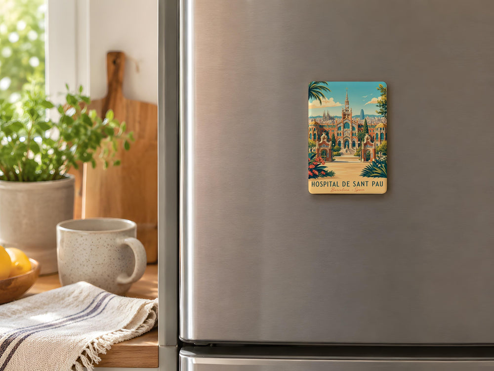 Hospital de Sant Pau Barcelona Fridge Magnet, Historic Modernist Hospital Landmark Souvenir Magnet, Spain Travel Keepsake Magnet