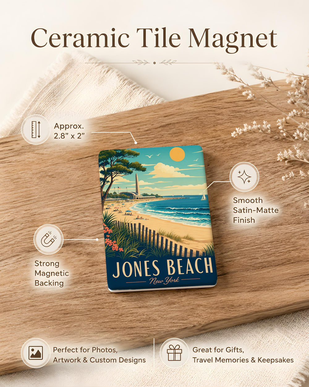 Jones Beach NY Fridge Magnet, Long Island New York Beach Souvenir, Coastal Landmark Travel Keepsake Gift
