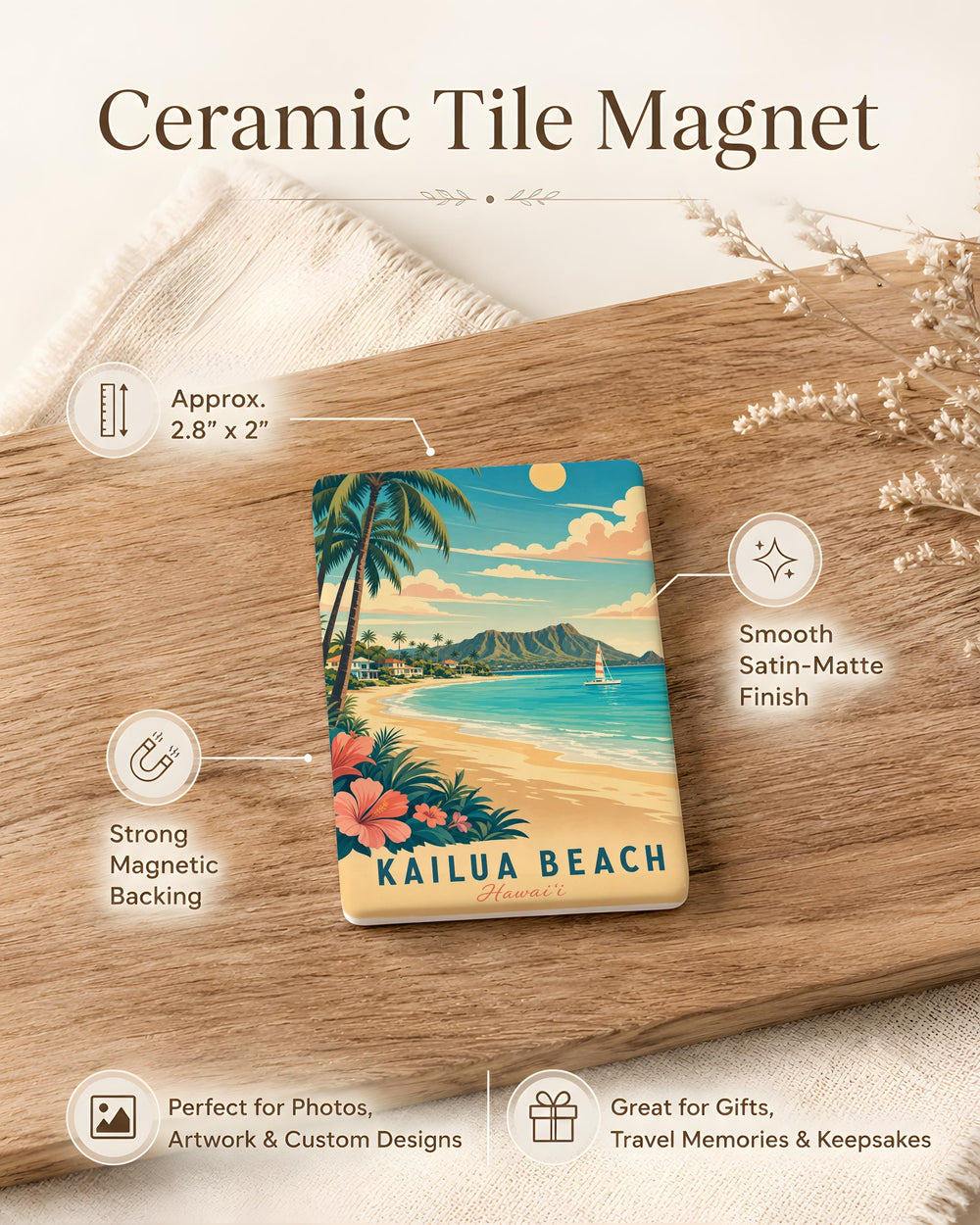 Kailua Beach Fridge Magnet, Oahu Hawaii Coastal Beach Scene Souvenir, Tropical Island Vacation Travel Gift
