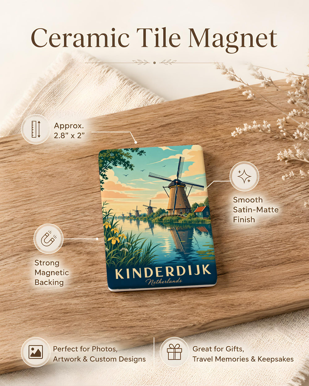 Kinderdijk Netherlands Fridge Magnet, Dutch Windmills Canal Landscape Souvenir Magnet, Holland Travel Gift Keepsake