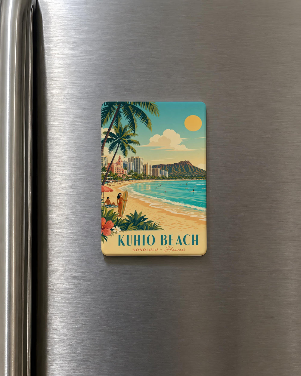 Kuhio Beach Fridge Magnet, Waikiki Hawaii Beach Scene Souvenir Magnet, Ocean Shore Travel Keepsake Magnet