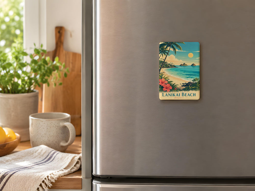 Lanikai Beach Fridge Magnet, Hawaii Coastal Shoreline Souvenir Magnet, Oahu Beach Scene Kitchen Decor Magnet