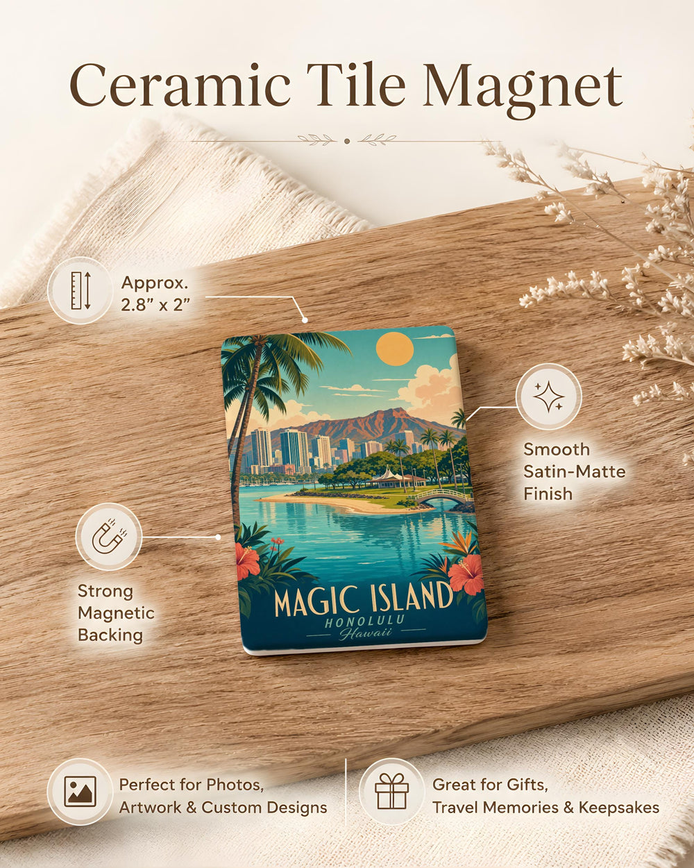 Magic Island Fridge Magnet, Tropical Island Paradise, Palm Trees Beach Ocean Scene Souvenir Magnet, Hawaii Island Gift