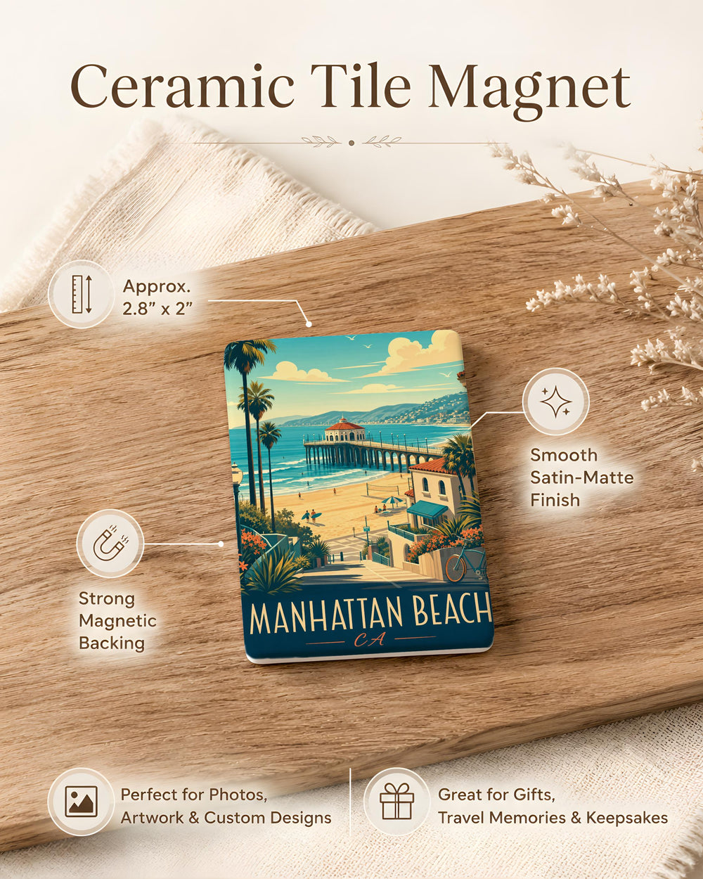 Manhattan Beach CA Fridge Magnet, California Beach Souvenir Magnet, Manhattan Beach Pier Coastal Travel Gift Magnet