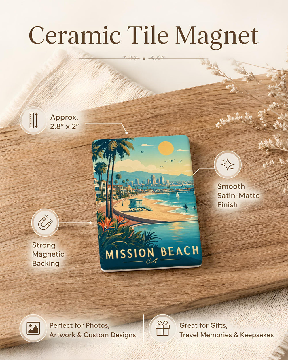 Mission Beach California Fridge Magnet, San Diego Beach Souvenir, Coastal Vacation Travel Gift, Oceanfront Landmark Keepsake