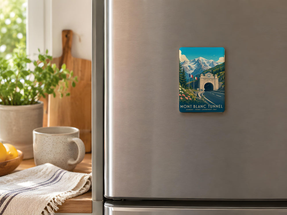 Mont Blanc Tunnel Fridge Magnet, Alpine Mountain Pass Souvenir, France Italy Border Landmark Travel Keepsake
